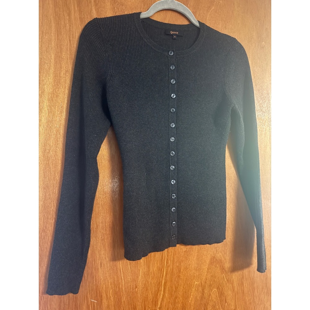 Quince Organic Cotton Cashmere Ribbed Cardigan Sweater Charcoal Gray Small - Picture 3 of 7